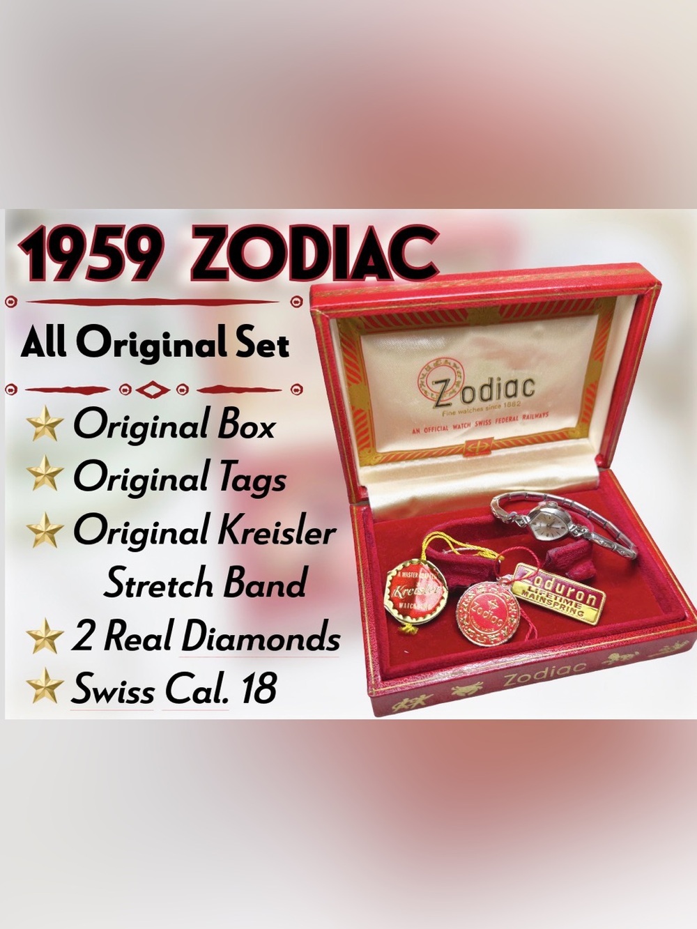1950’s Vintage Zodiac Watch 10k RGP with Presentation Box & Tags! FULL Gift Set!